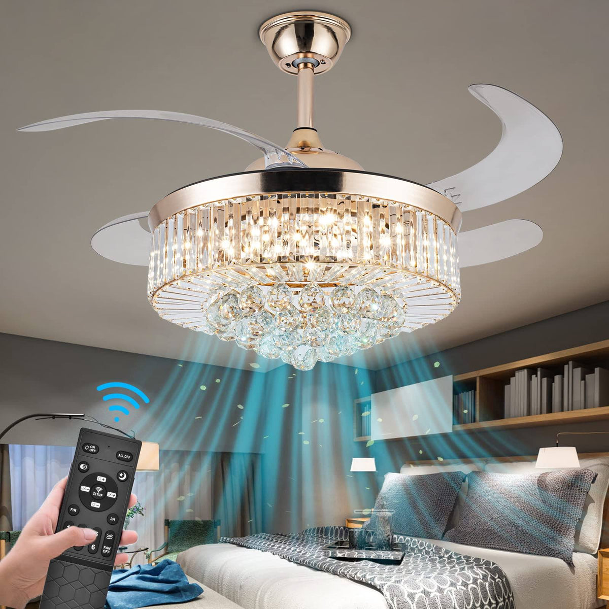 Crystal Ceiling Fan with Light, 42 inch LED 3 Color Remote Control Retractable Invisible Blades 3 Speeds Indoor Ceiling Light Kits with Fans for